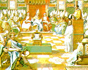 Никейский собор (20.5.325). Император Константин лично участвует в догматических спорах (Ватикан, Папская библиотека)